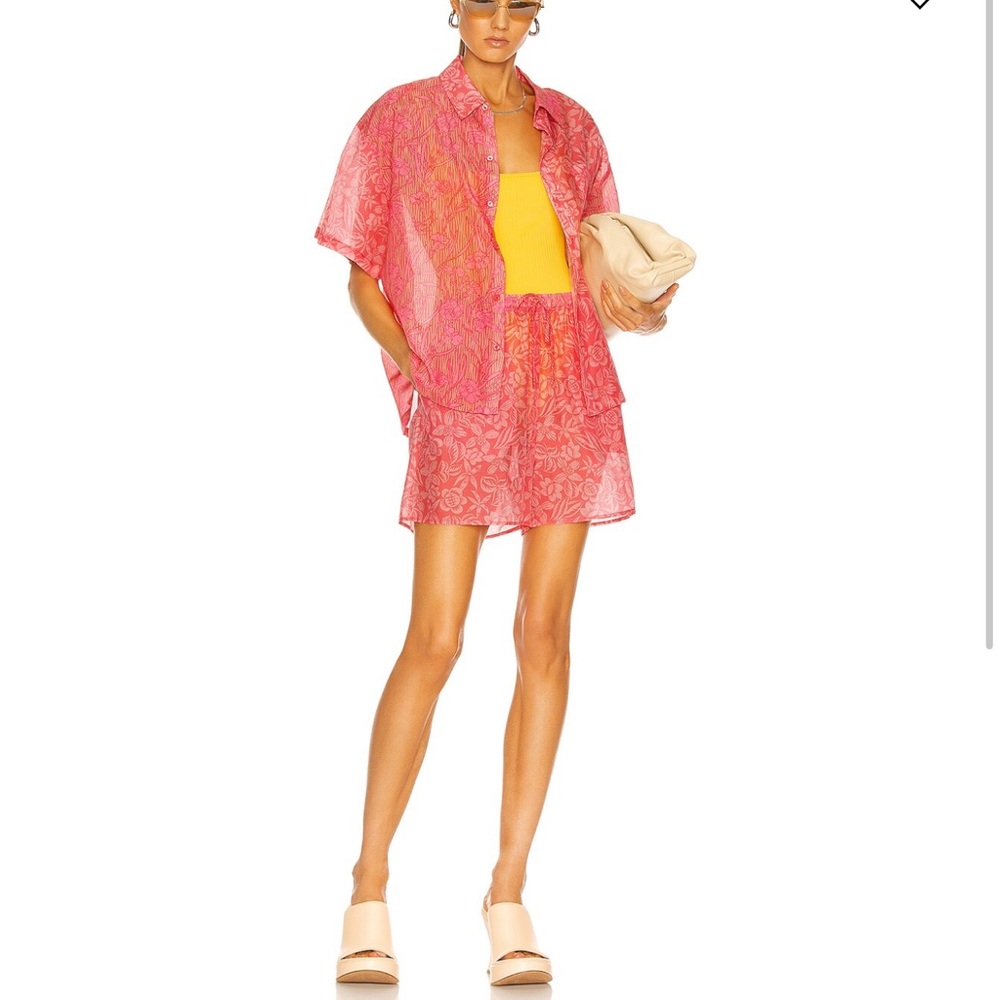 Revolve Tell Your Friends Size S Silk Cotton Blend Pink Floral Shirt/Shorts Set